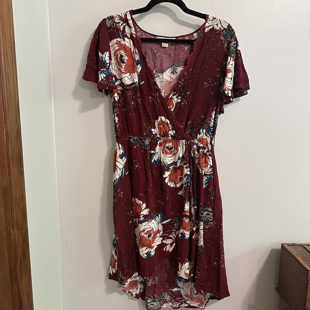 Band Of Gypsies Floral Bohemian Dress Red Boho Size Large Flowers Wrap Viscose